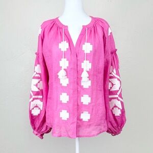 Eleven by March 11 Linen Tassel Embroidered Boho Top in Pink & White Size S